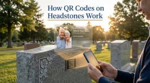 Headstone QR code plaque on a granite memorial marker being scanned by a smartphone showing a digital memorial page