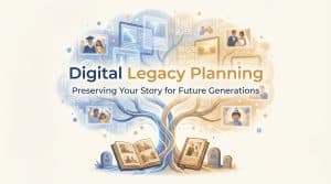 Digital legacy planning concept showing connection between physical memorials and digital preservation technology