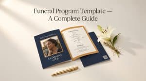 Funeral program template with QR code memorial placement on back cover