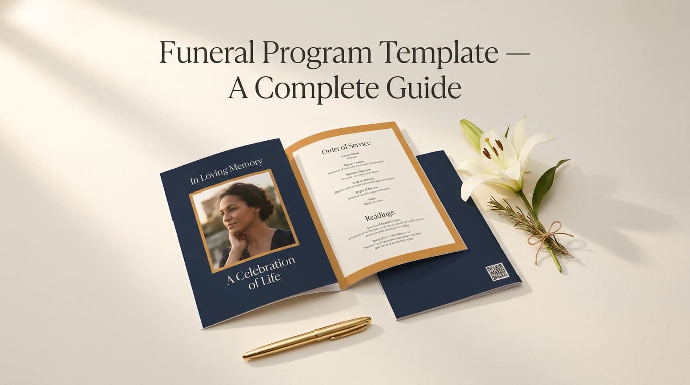 Funeral program template with QR code memorial placement on back cover
