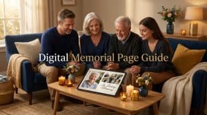 How to create a digital memorial page - family viewing an online memorial on a tablet with warm golden light