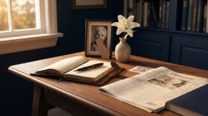 How to write an obituary — writing desk with notebook, portrait, lily, and printed newspaper with QR code