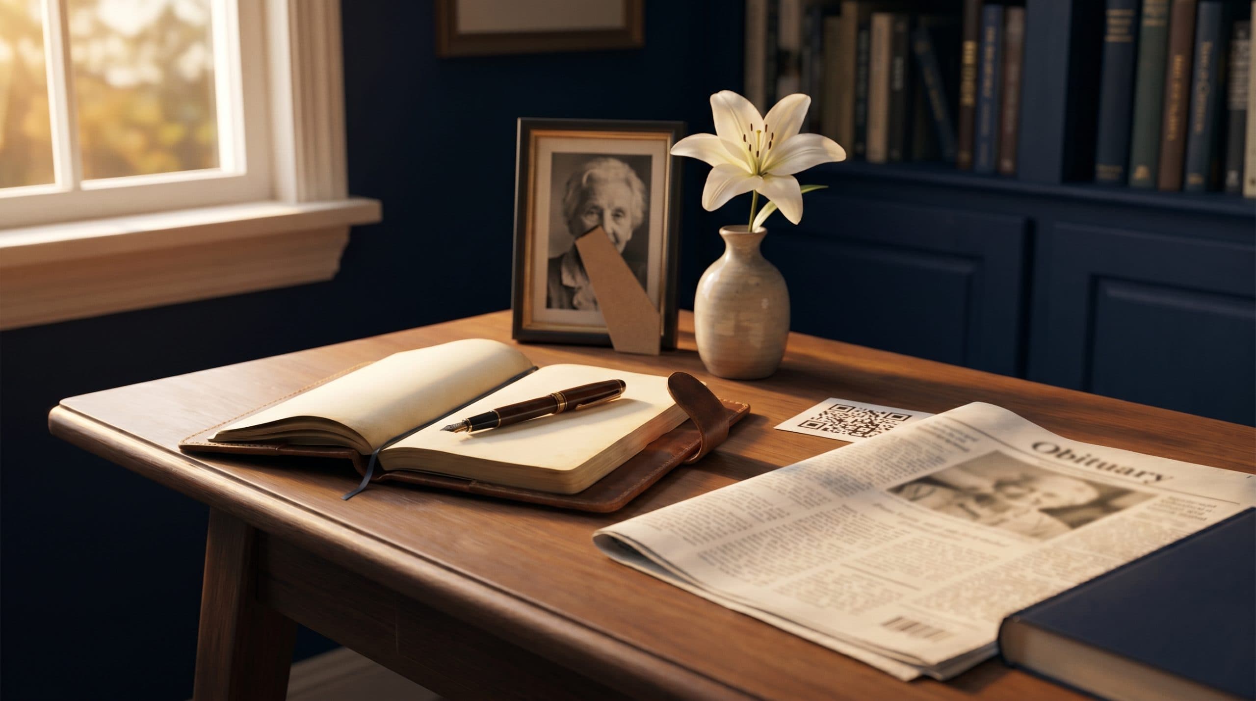 How to write an obituary — writing desk with notebook, portrait, lily, and printed newspaper with QR code