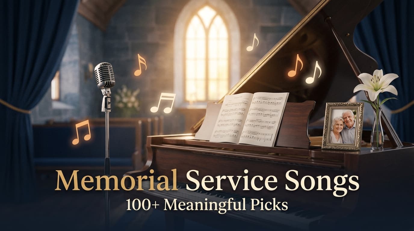 Memorial service songs guide featured image with piano, sheet music, and warm chapel light