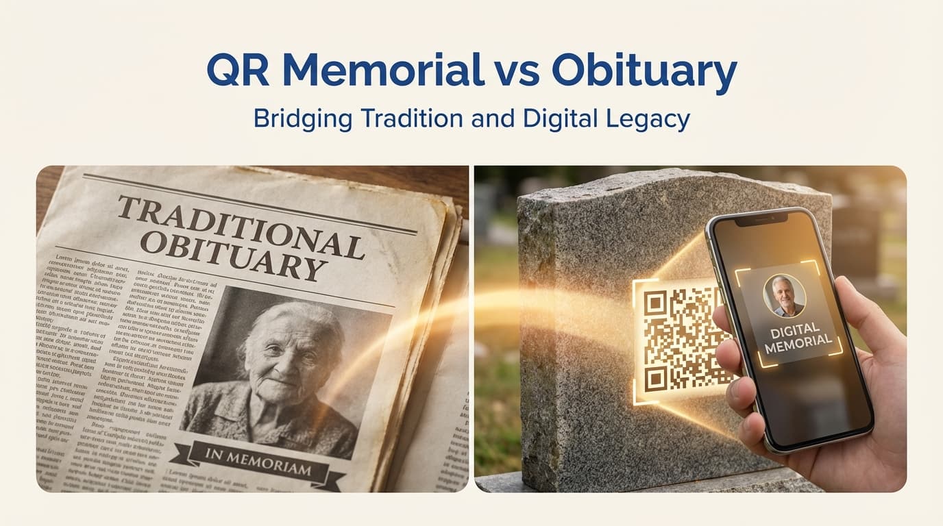 QR code memorial vs traditional obituary comparison showing digital memorial on smartphone next to newspaper obituary page
