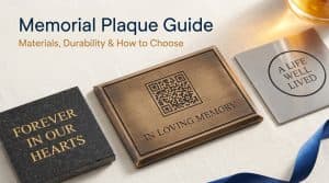 QR memorial plaque guide showing bronze, granite, and stainless steel memorial plaques with QR code integration