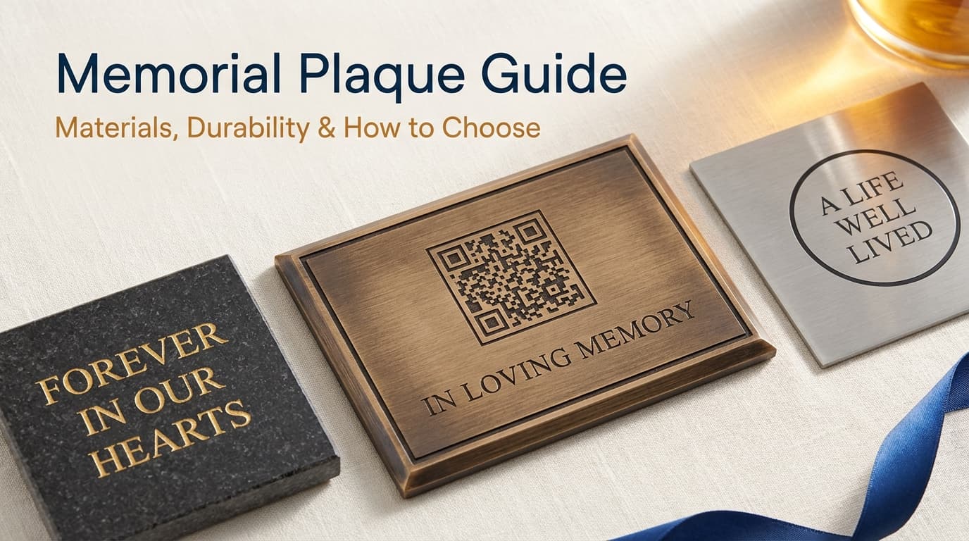 QR memorial plaque guide showing bronze, granite, and stainless steel memorial plaques with QR code integration