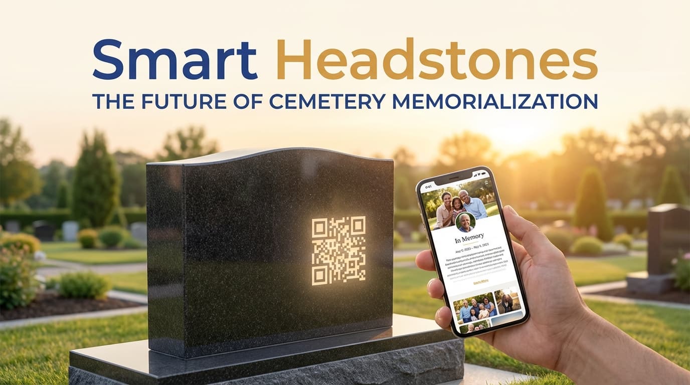 Smart headstones with QR codes and digital technology in a modern cemetery setting