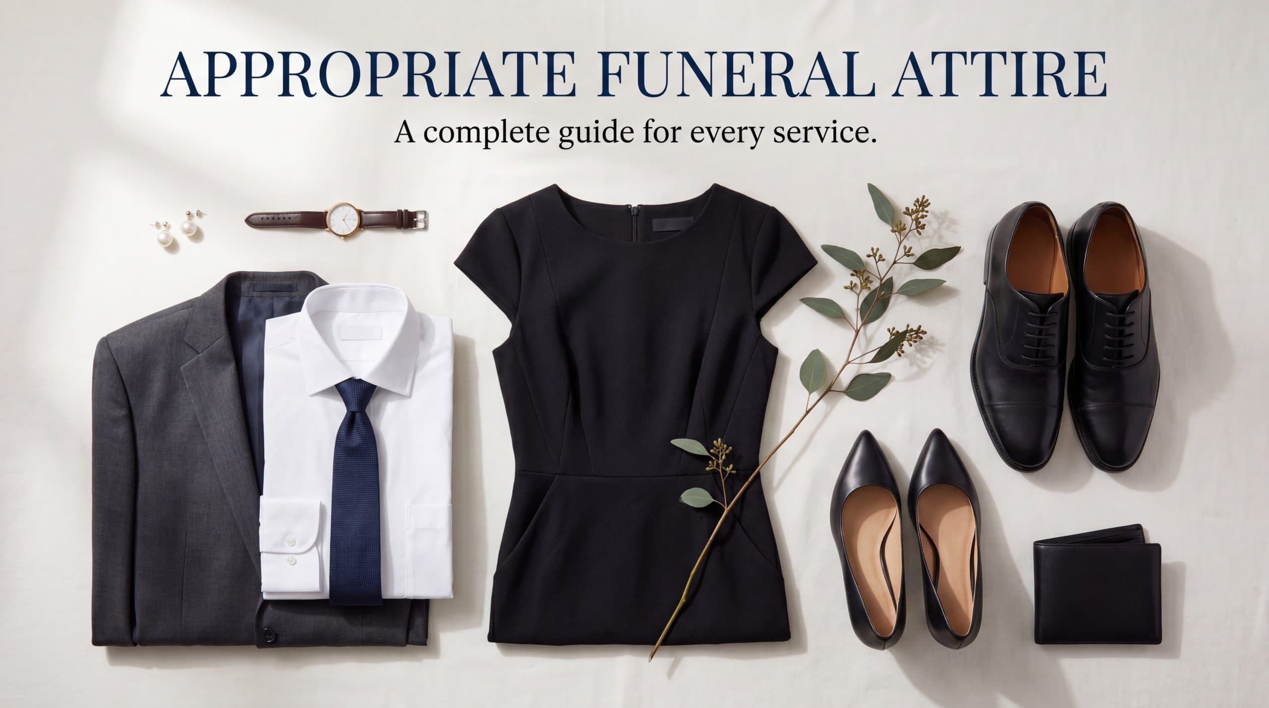 A respectful arrangement of appropriate funeral attire on a soft neutral background, showing a black sheath dress, a charcoal suit, polished leather shoes, and muted accessories