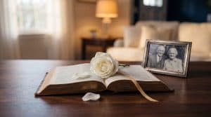 Open leather Bible resting on a wooden table next to a framed photograph and a single white rose, soft natural light, peaceful and reverent mood