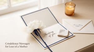 A pair of hands placing a single white flower on an open sympathy card on a soft ivory desk, with subtle blue and amber accents, evoking warmth and remembrance for a mother who has passed away