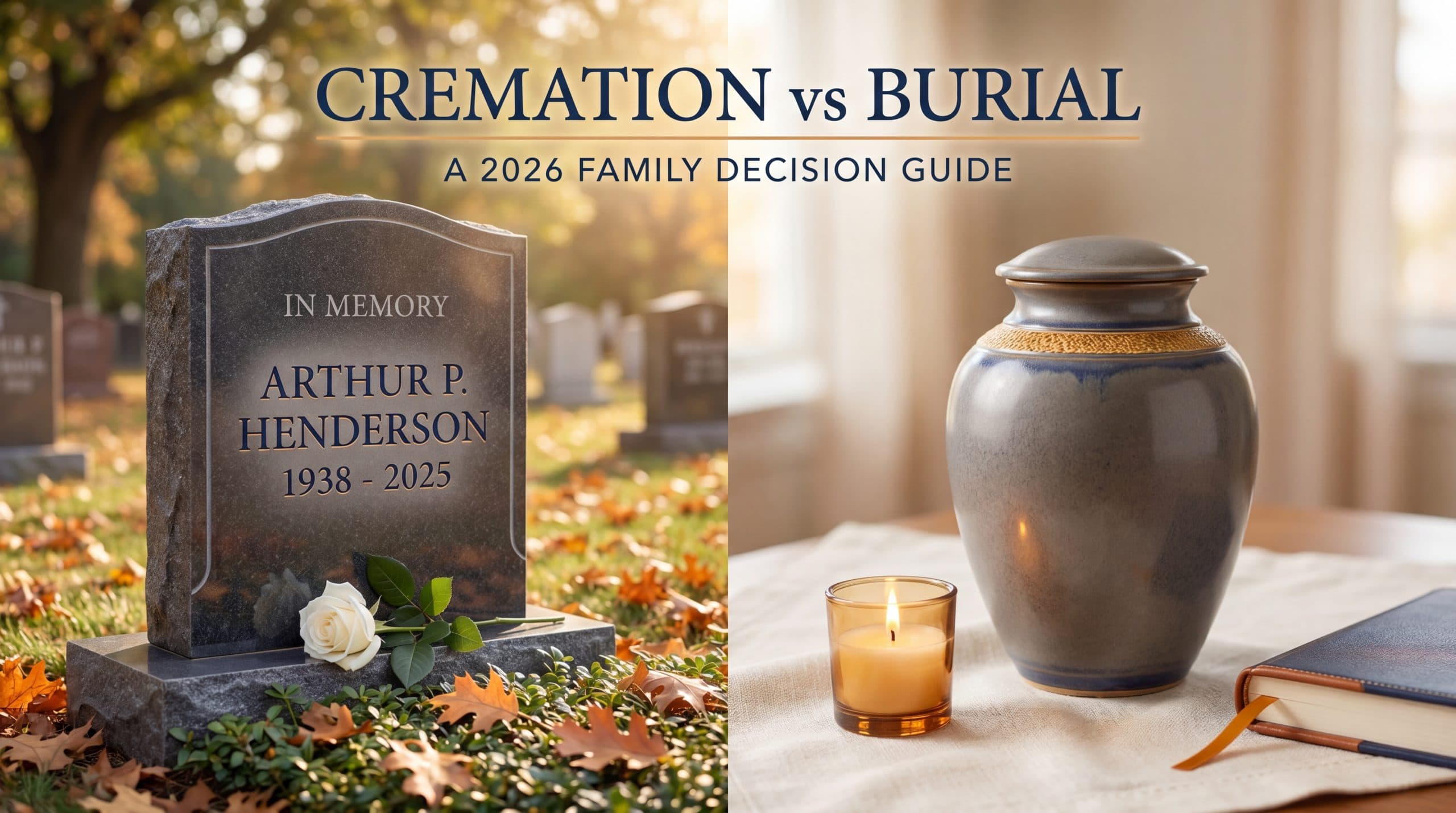 Editorial side-by-side photo of a granite headstone and a polished memorial urn in soft natural light, conveying the cremation vs burial decision