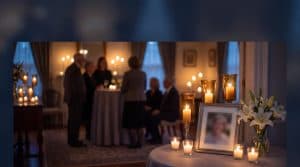 Candlelit funeral wake gathering with framed photographs, white lilies, and a small QR code memorial easel in a warm, dignified setting