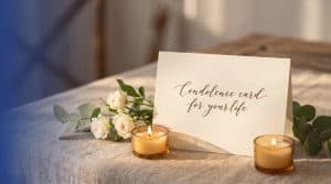 A handwritten condolence card on ivory paper beside a softly lit candle and white flowers, conveying quiet sympathy and respect.