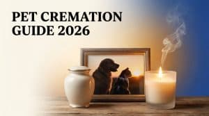 Pet Cremation Guide 2026 featured image with Linkora primary blue and amber brand colors showing a peaceful tribute scene