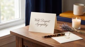 Sympathy cards on a writing desk with handwritten message