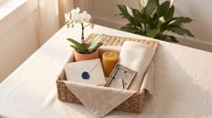 Tasteful sympathy gift basket with handwritten card, candle, and personalized keepsake on a warm neutral background