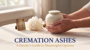 Family hands gently holding a small ivory ceramic urn with a single white rose on a soft linen surface, warm window light