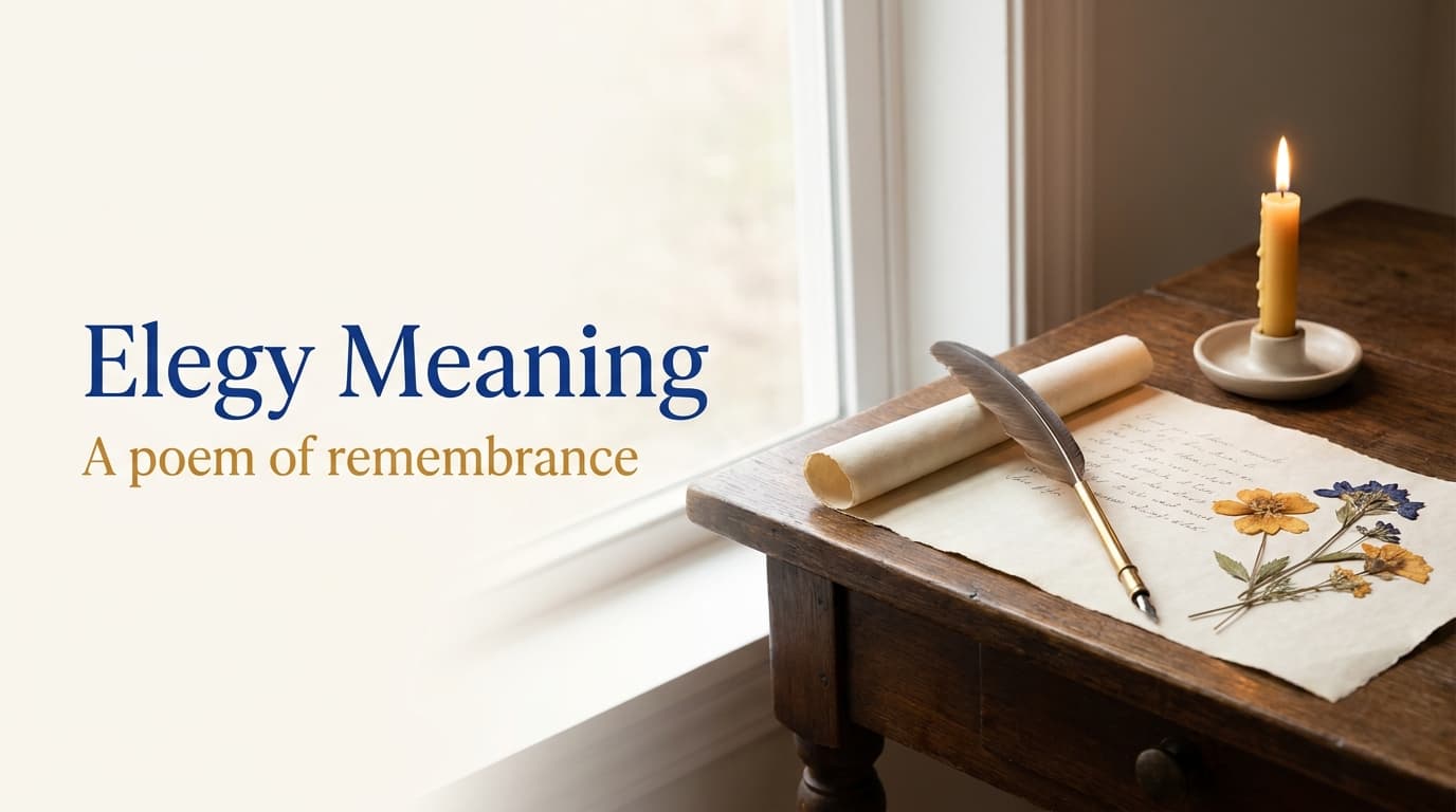 Elegy meaning illustrated with a quill pen resting on a handwritten poem beside a softly lit candle, evoking a poem of mourning and remembrance