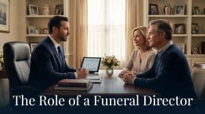 A compassionate funeral director in a dark suit speaking with a family in a softly lit funeral home, conveying calm professional guidance and care