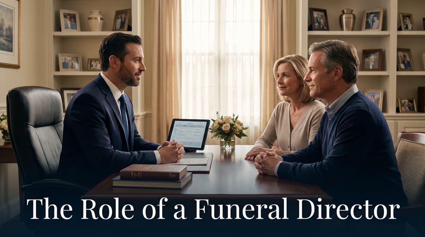 A compassionate funeral director in a dark suit speaking with a family in a softly lit funeral home, conveying calm professional guidance and care