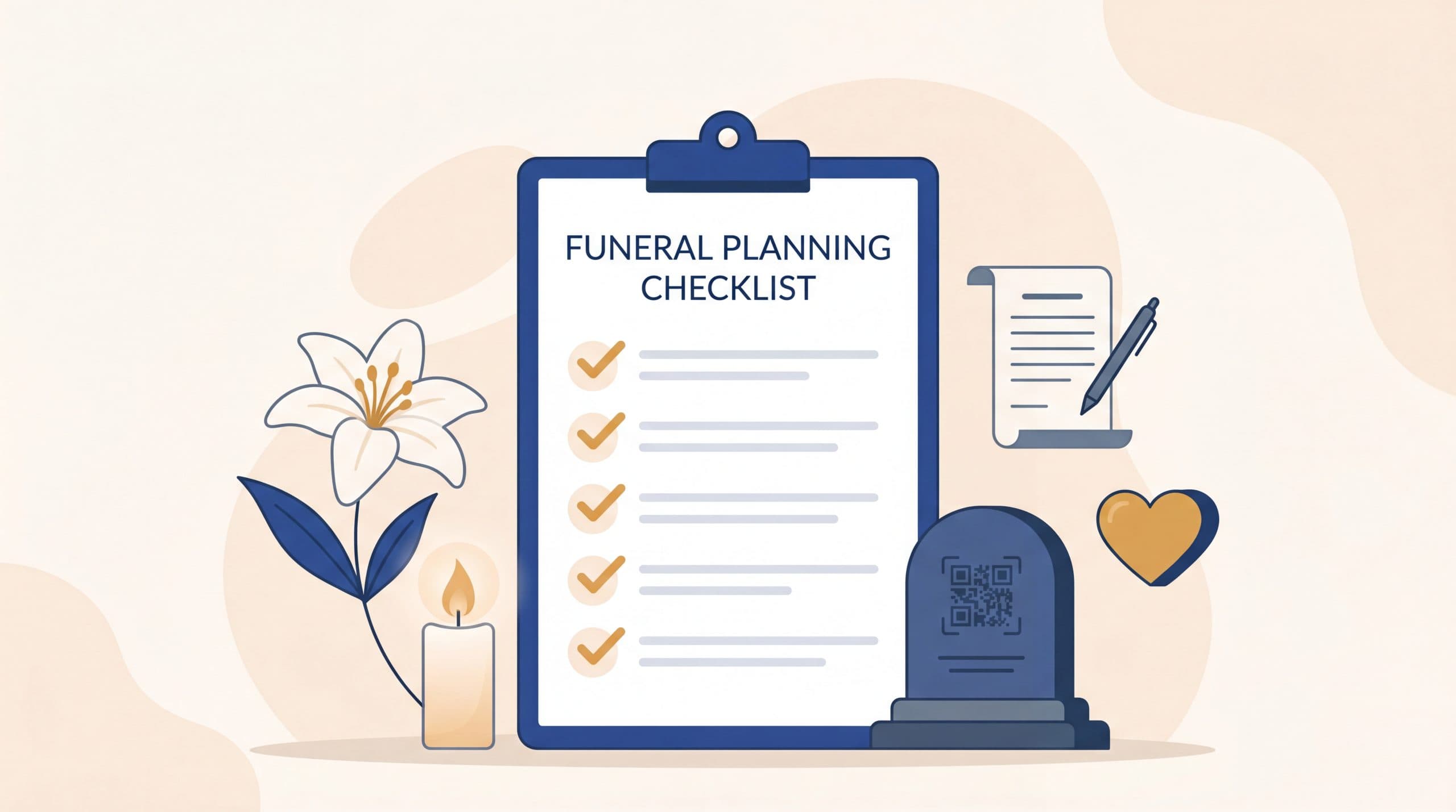 Funeral planning checklist guide for families, showing a calm, dignified layout with the five phases of planning a funeral in Linkora blue and amber