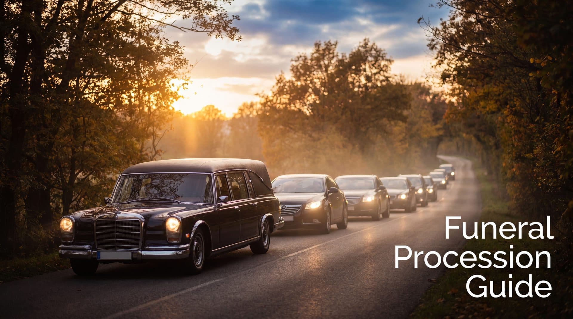 Funeral procession of cars with headlights on following a hearse along a tree-lined road
