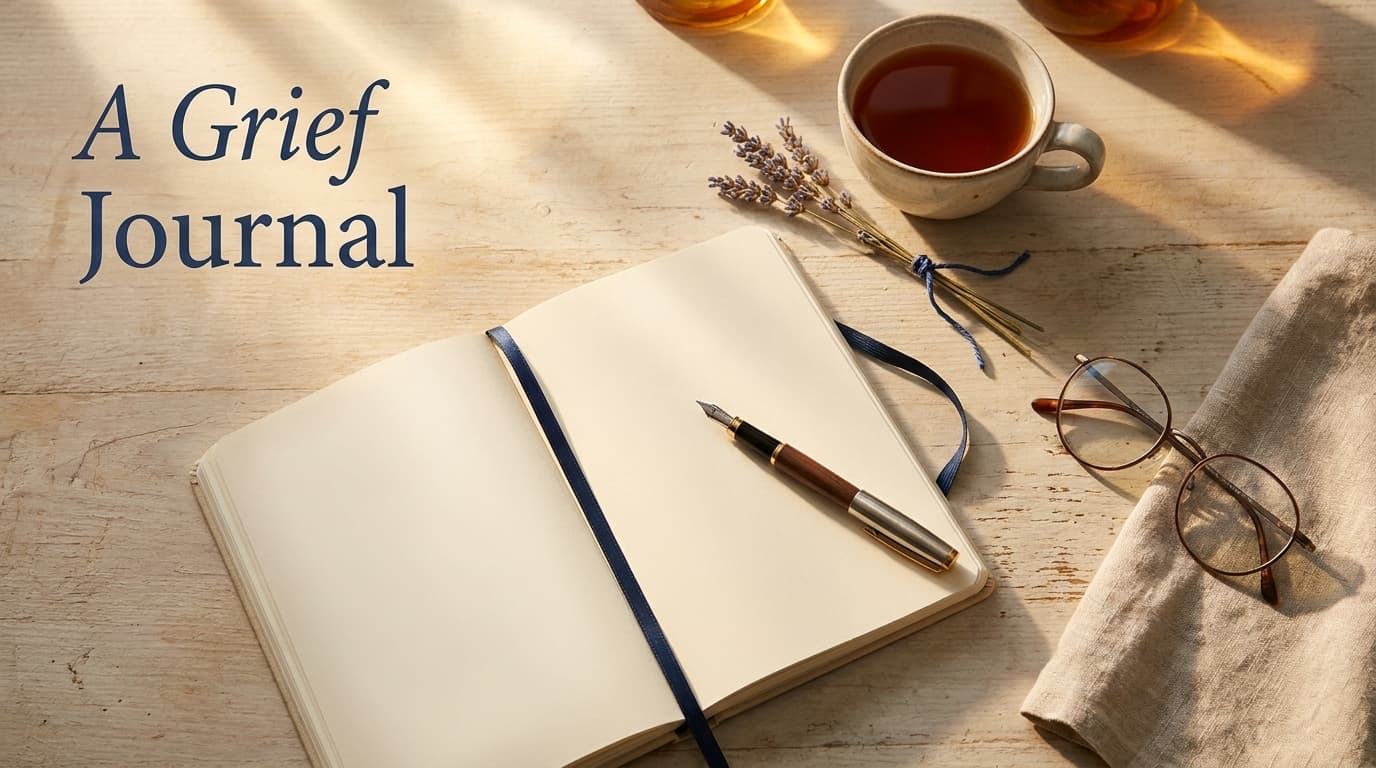 Open grief journal and pen on a calm desk, representing writing as a way to process loss and remembrance