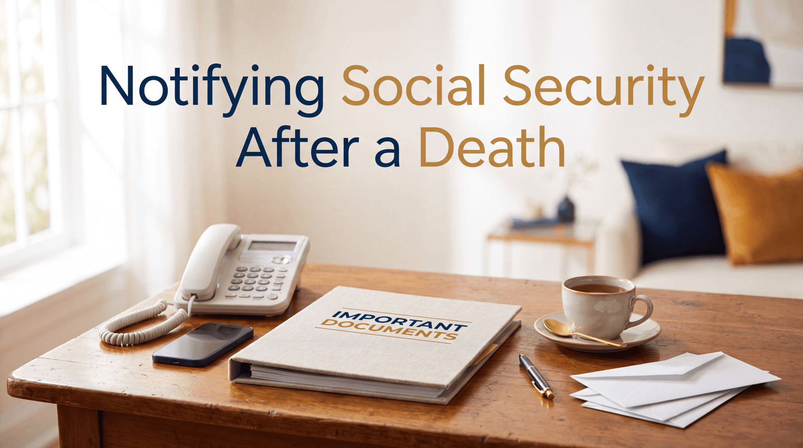 Step-by-step guide to notifying Social Security of a death, with a phone and family documents on a calm desk