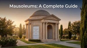 An elegant stone mausoleum in a cemetery with engraved crypt fronts at golden hour
