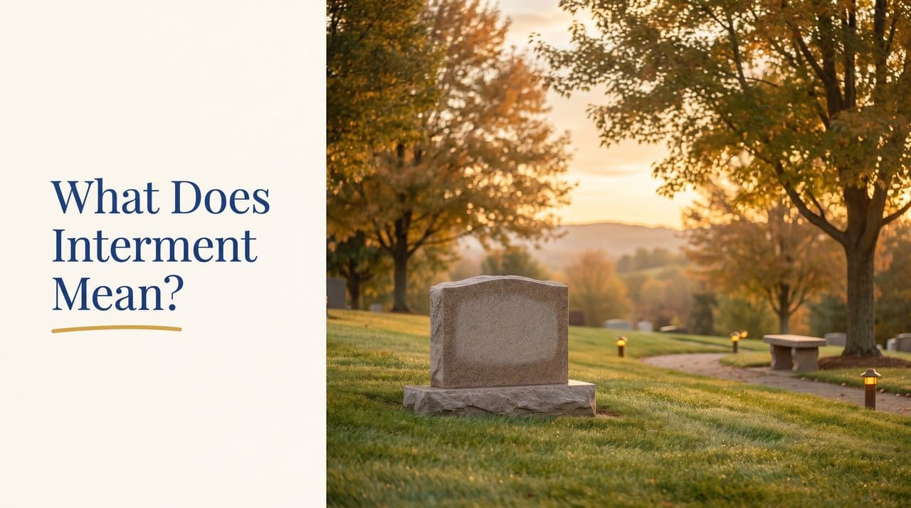 Peaceful cemetery resting place at golden hour illustrating the meaning of interment, with a headstone and soft warm light
