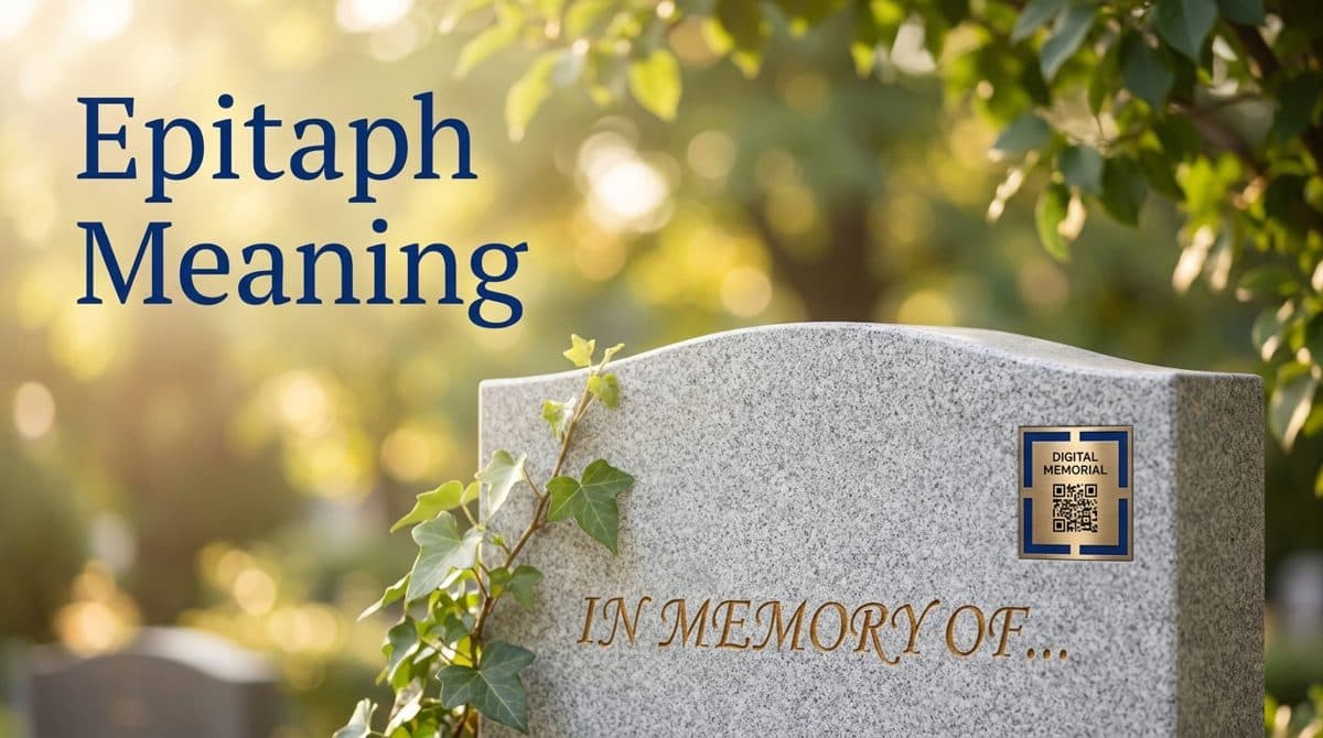 Epitaph meaning illustrated by a dignified headstone inscription with a small QR code memorial plaque beside it