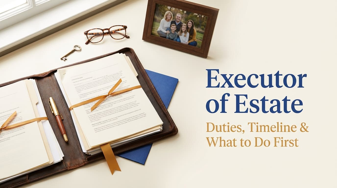 Executor of estate guide — organized estate documents, pen, keys, and a family photograph on a desk