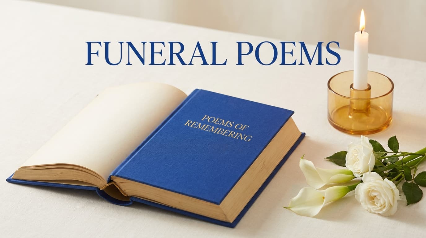 Funeral poems: an open book of comforting verses beside a candle and white flowers, for reading at a memorial service