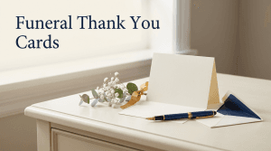 Handwritten funeral thank you card with a pen on a soft ivory background