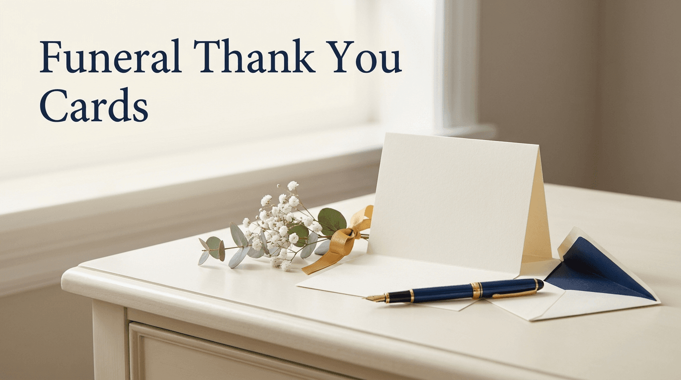 Handwritten funeral thank you card with a pen on a soft ivory background