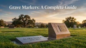 Elegant granite grave markers in a peaceful cemetery with a QR code memorial plaque, Linkora brand colors