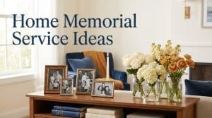 A warm, intimate home memorial service with a candle-lit memory table of photographs and flowers in a living room