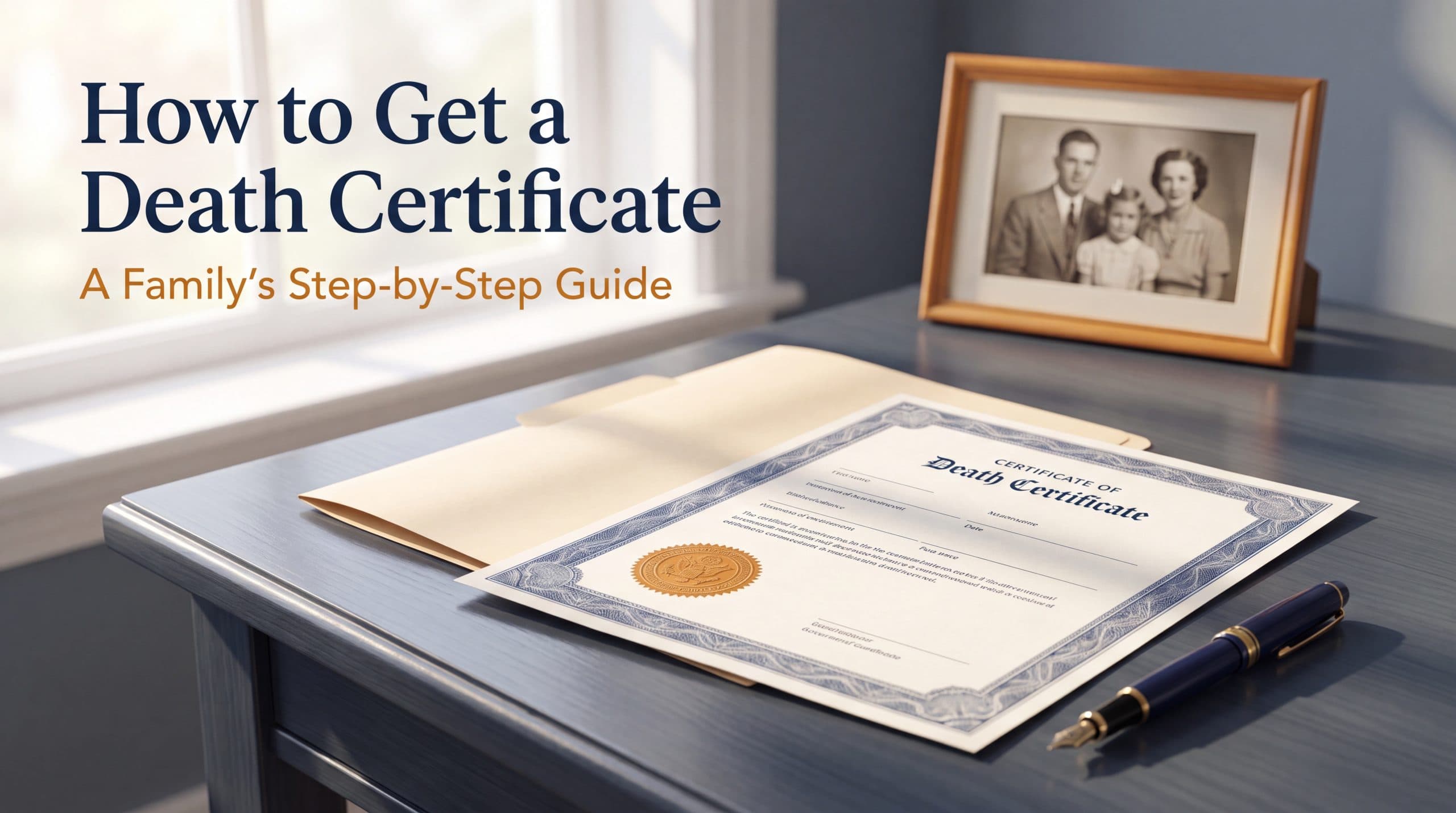 A certified death certificate document on a desk beside a pen and a family photograph, in warm ivory and deep blue tones