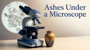 Artistic view of cremation ashes magnified under a microscope showing crystalline bone mineral fragments, Linkora blog header