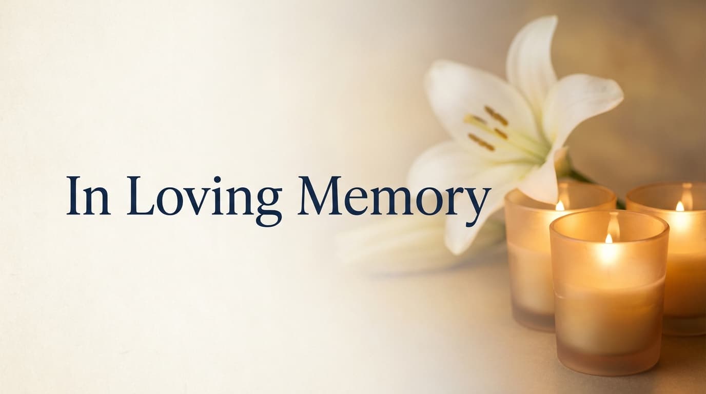 The phrase In Loving Memory set in elegant type over a soft, respectful memorial background in navy blue and warm amber