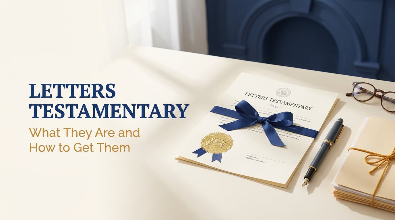 Official court document with an embossed gold seal and blue ribbon on an ivory desk, titled Letters Testamentary
