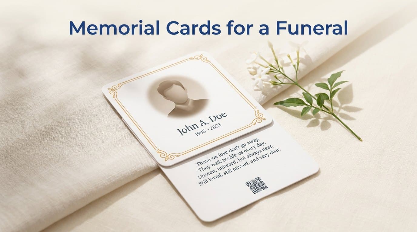 Memorial cards for a funeral: a wallet-sized keepsake card with a loved one's photo, name, dates, and a short verse, beside a QR code linking to a digital memorial