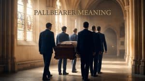 Six pallbearers in dark suits carrying a casket down a church aisle at a funeral service