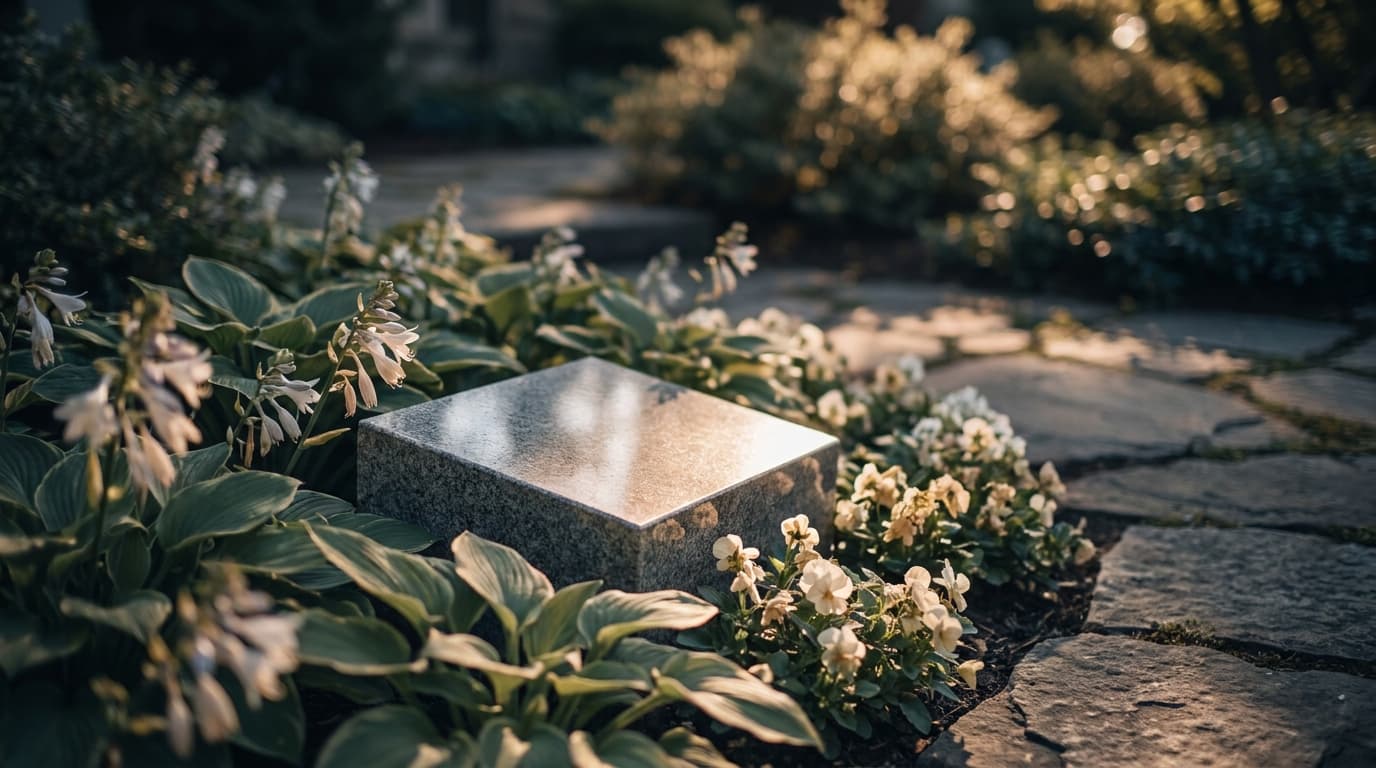 A small granite pet memorial stone set in a garden beside soft planting, with a warm ivory and deep blue palette