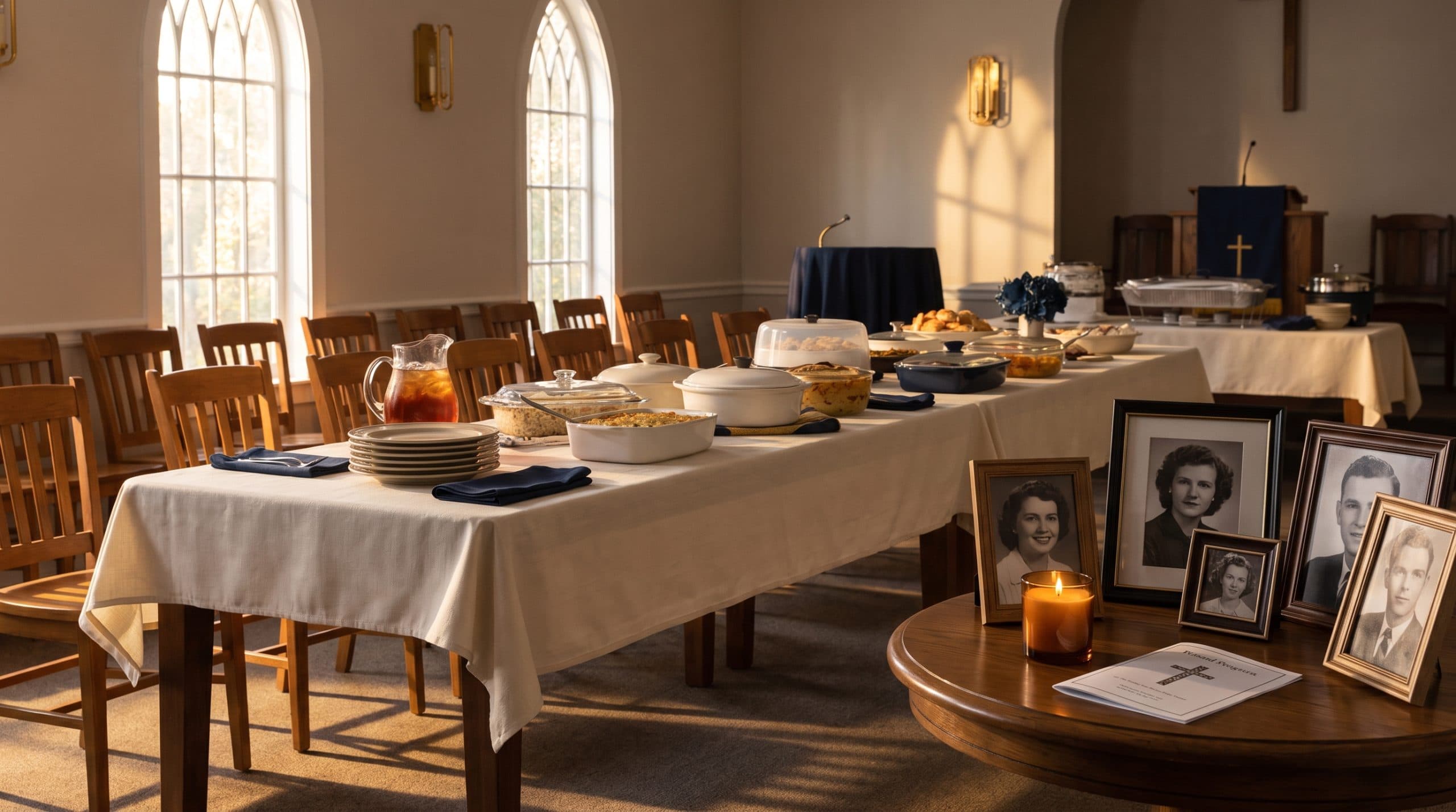 A warm church fellowship hall set with covered dishes and framed photographs for a funeral repast