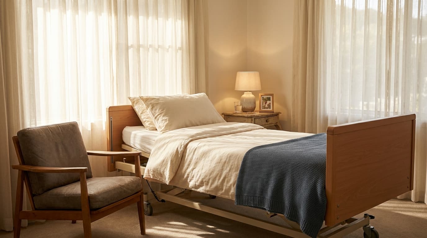 A sunlit home bedroom arranged for hospice at home care, with a hospital bed near a window and a family chair beside it