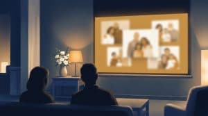 Warm, restrained illustration of a memorial slideshow projected in a service room, in Linkora navy, amber and ivory brand colors