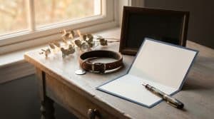 A handwritten pet loss sympathy card resting beside a dog collar and a framed photo, in warm ivory and blue tones
