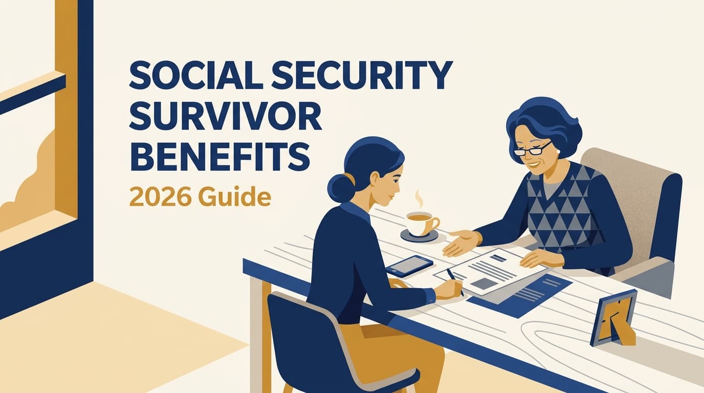 Social Security survivor benefits guide for 2026, showing a family reviewing benefit paperwork with the key eligibility percentages